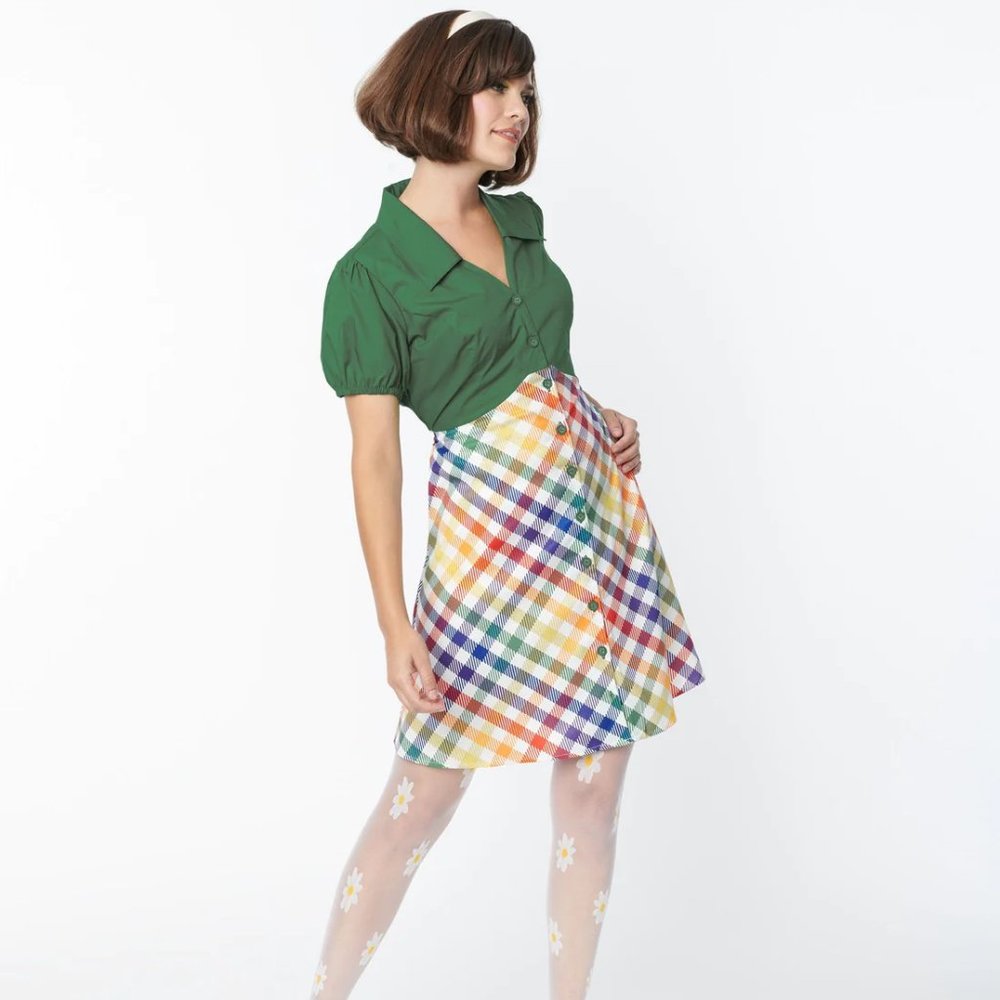 Smak Parlour Green & Rainbow Gingham Mini Shirt Dress, NWT (Unique Vintage)